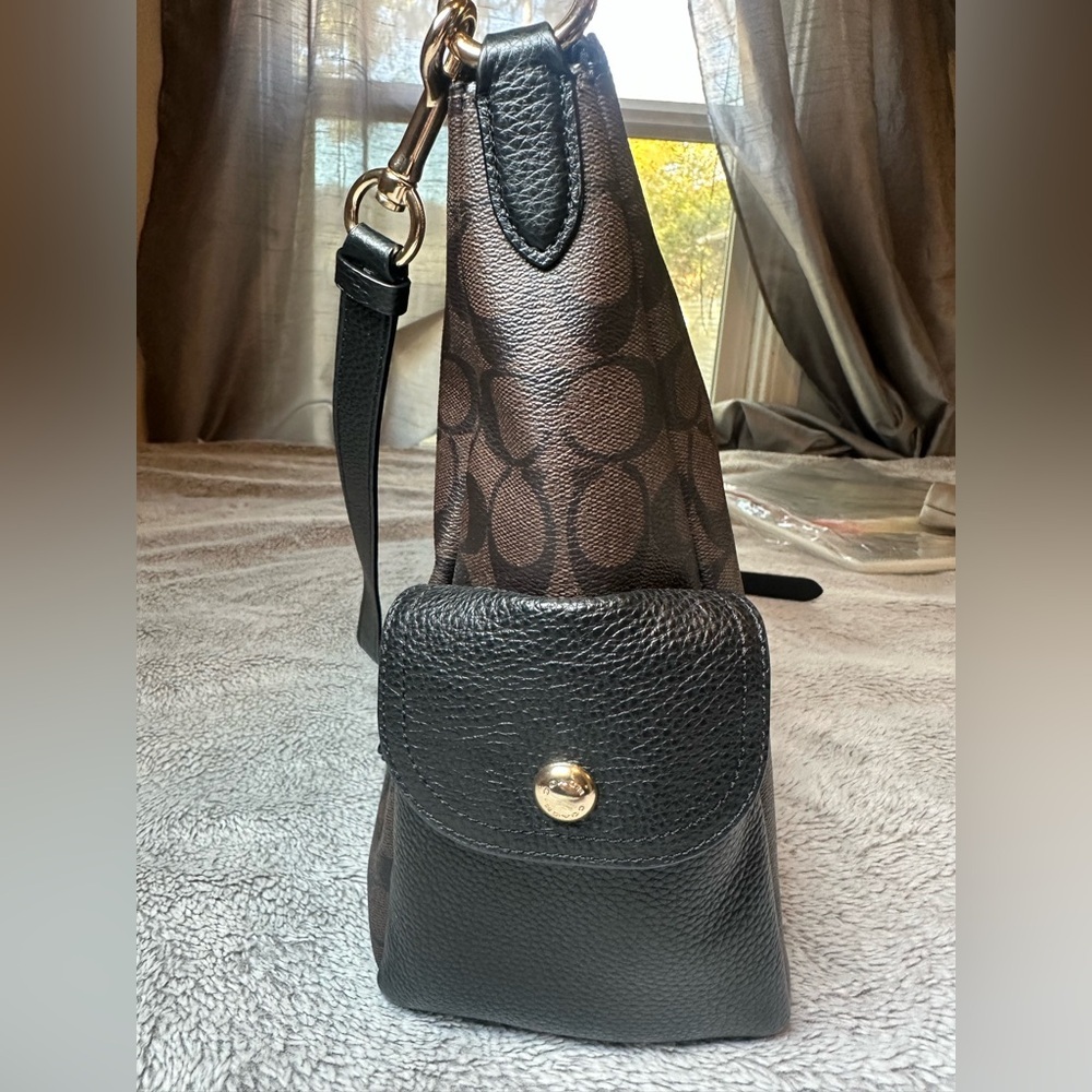 Coach Pennie Brown Black Signature Coated Canvas Shoulder Handbag Purse - Picture 3 of 16